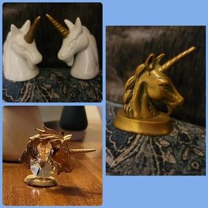 Set of 4 Unicorn Bust Figurines Austrian Crystal Brass Porcelain 1984 Manon